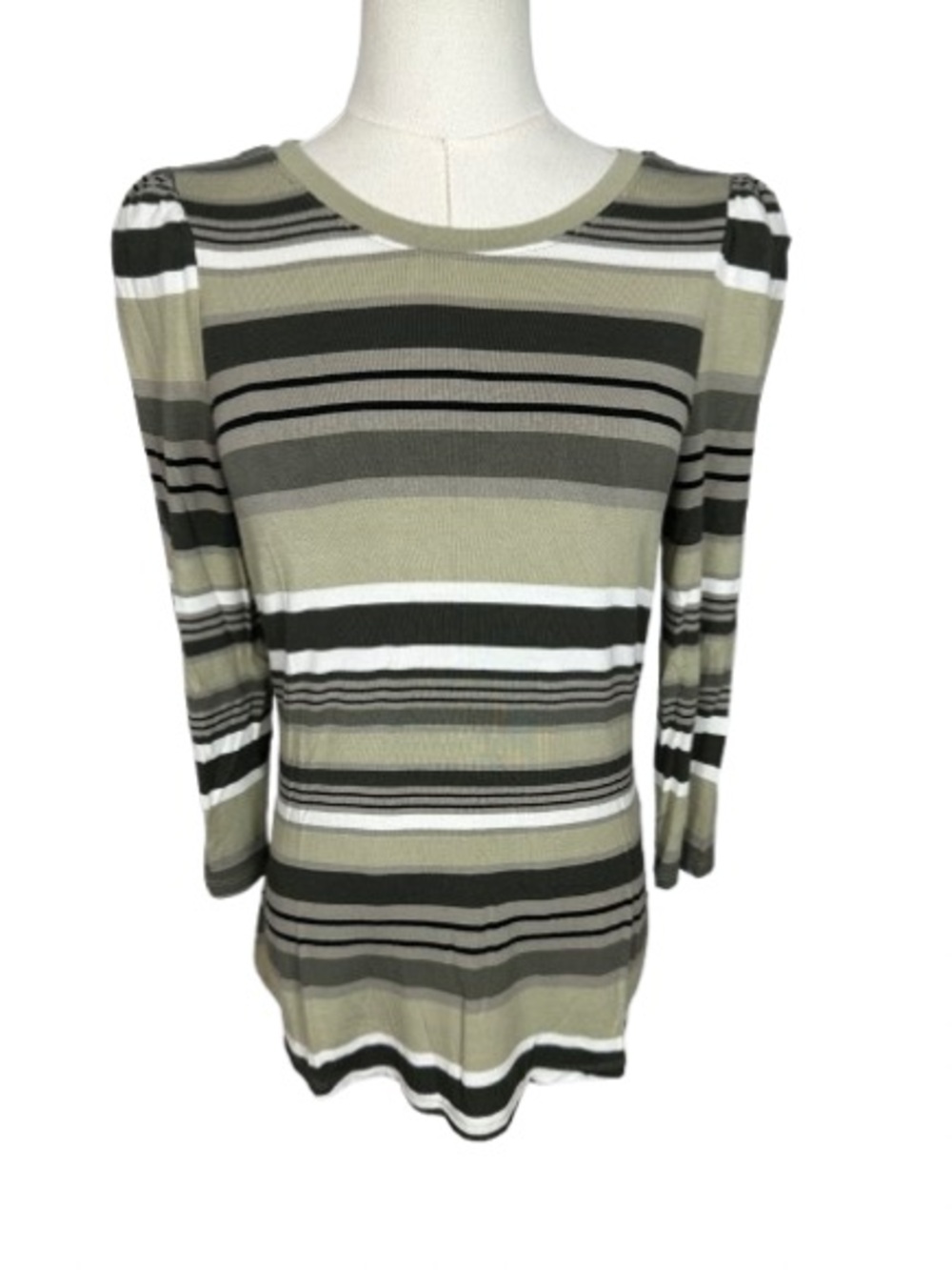 White House Black Market Olive, Black and White Striped Long Sleeve Top